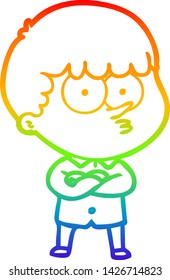 rainbow gradient line drawing of a cartoon curious boy