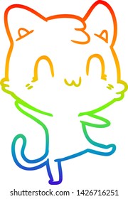 dibujo de una línea de gradiente de arco iris de un gato feliz de dibujos animados