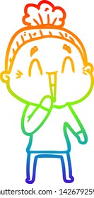 rainbow gradient line drawing of a cartoon happy old lady