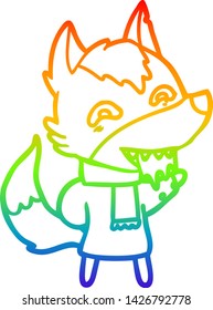 desenho de linha de gradiente arco-íris de um desenho animado lobo faminto em roupas de inverno