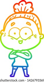 rainbow gradient line drawing of a cartoon happy old woman