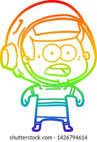 dibujo de una línea de gradiente de arco iris de una caricatura sorprendida astronauta