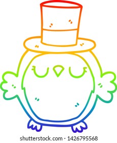 rainbow gradient line drawing of a cartoon owl wearing top hat