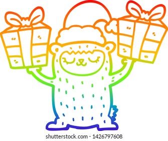 rainbow gradient line drawing of a cartoon christmas bear