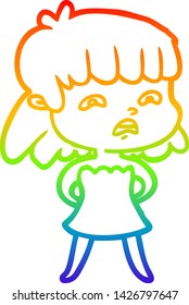 rainbow gradient line drawing of a cartoon worried woman