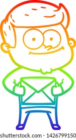 desenho de linha de gradiente do arco-íris de um homem feliz de desenho animado segurando a carta
