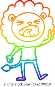 dibujo de una línea de gradiente arco iris de un león de caricatura que da señal de paz