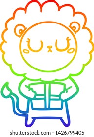 rainbow gradient line drawing of a cartoon lion with christmas present