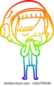 rainbow gradient line drawing of a cartoon astronaut woman explaining