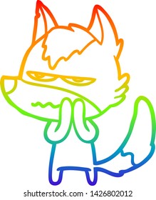 rainbow gradient line drawing of a cartoon annoyed wolf