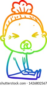 rainbow gradient line drawing of a cartoon angry old woman