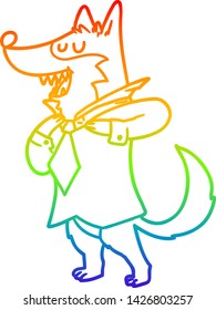 rainbow gradient line drawing of a cartoon office wolf getting dressed