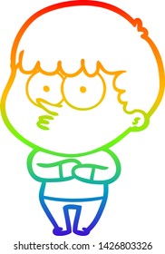 rainbow gradient line drawing of a cartoon curious boy