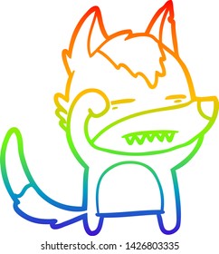 dibujo de una línea de gradiente de arco iris de un lobo de dibujos animados que muestra dientes
