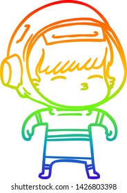 dibujo de una línea de gradiente de arcoiris de un astronauta curioso de dibujos animados