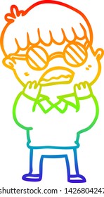 rainbow gradient line drawing of a cartoon shocked boy wearing spectacles