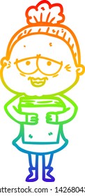rainbow gradient line drawing of a cartoon happy old lady