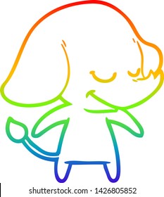 dibujo de una línea de degradado de arco iris de un elefante sonriente de dibujos animados