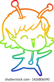 rainbow gradient line drawing of a cartoon alien girl laughing