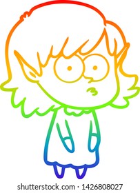 rainbow gradient line drawing of a cartoon elf girl staring
