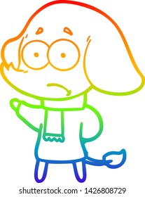 desenho de linha de gradiente arco-íris de um desenho animado elefante incerto no cachecol