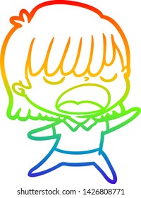 rainbow gradient line drawing of a cartoon woman talking loudly