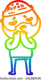 rainbow gradient line drawing of a cartoon worried man with beard