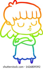 rainbow gradient line drawing of a cartoon indifferent woman