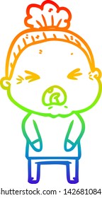 rainbow gradient line drawing of a cartoon angry old woman
