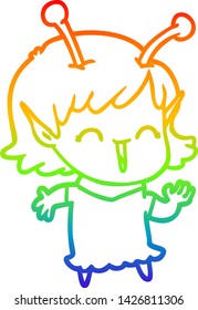 rainbow gradient line drawing of a cartoon alien girl laughing