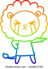 dibujo de una línea de gradiente de arco iris de un león llorando de caricatura usando vestido