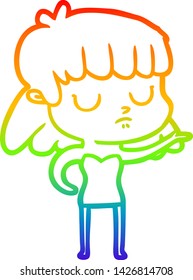 rainbow gradient line drawing of a cartoon indifferent woman