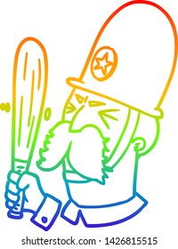 Rainbow Gradient Line Drawing Of A Cartoon Policeman Waving Baton