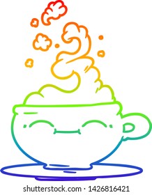 rainbow gradient line drawing of a cartoon hot cup of coffee