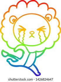rainbow gradient line drawing of a cartoon crying lion running away