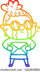 Regenbogen-Farbverlauf-Linie Zeichnung einer Cartoon weinenden Frau mit Brille
