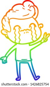 Regenbogen-Farbverlauf-Linie Zeichnung eines Cartoon-Mann weinend