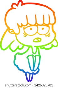 rainbow gradient line drawing of a cartoon tired woman