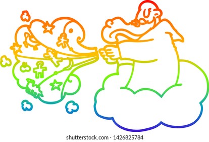 rainbow gradient line drawing of a cartoon god creating universe