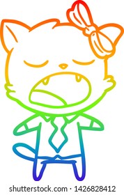 rainbow gradient line drawing of a cartoon yawning cat