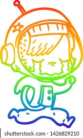 rainbow gradient line drawing of a cartoon crying astronaut girl running