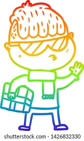 rainbow gradient line drawing of a cartoon boy wearing sunglasses carrying xmas gift