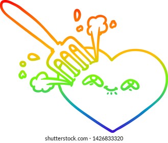 rainbow gradient line drawing of a cartoon love heart stuck with fork