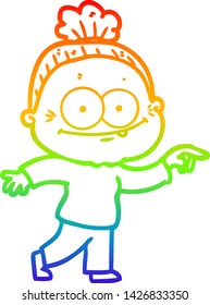 rainbow gradient line drawing of a cartoon happy old woman