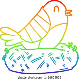 dibujo de una línea de gradiente de arco iris de un pájaro de dibujos animados sentado en nido