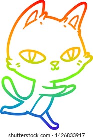 dibujo de una línea de gradiente de arco iris de un gato de dibujos animados mirando
