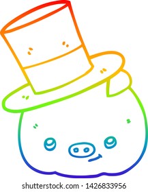 rainbow gradient line drawing of a cartoon pig wearing top hat