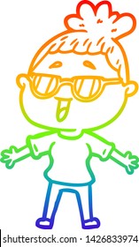 rainbow gradient line drawing of a cartoon happy woman wearing spectacles