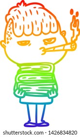 dibujo de una línea de gradiente de arco iris de un hombre de dibujos animados fumando