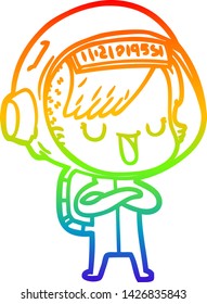 rainbow gradient line drawing of a cartoon astronaut woman